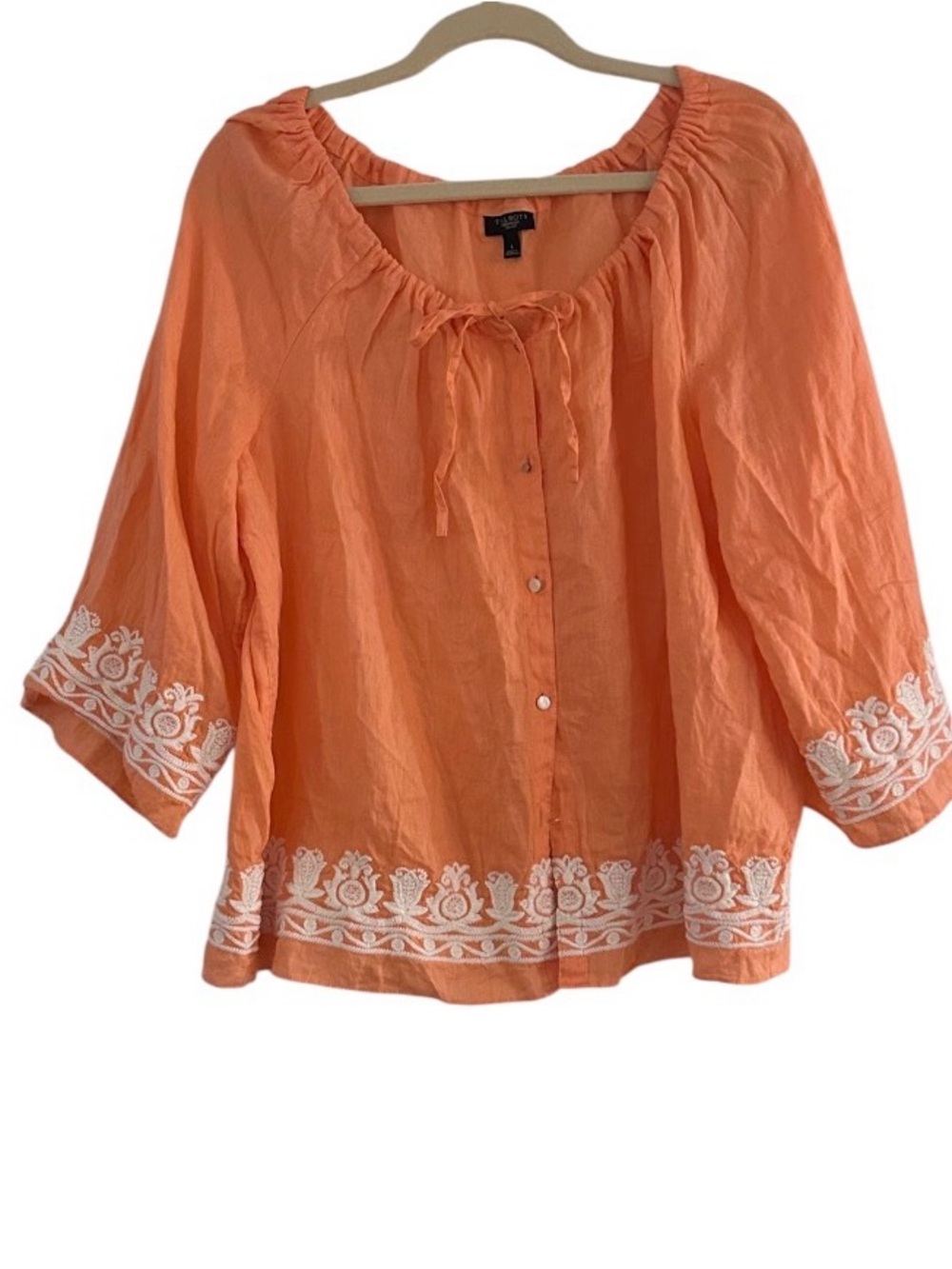 Talbots Orange Peasant Blouse with White Embroidery